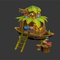 Decorative Wooden Boat Water Vehicle With Leaf Roof Ladder Small Table And Watermelon Decoration