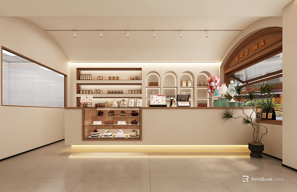 Cozy Dessert Shop Interior With Display Shelves Fresh Pastries And Warm Lighting Decor 3d model 