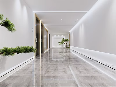 Modern Hotel Corridor Interior With Bright Lighting Green Plants And Sleek Flooring 3d model