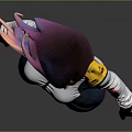 Colorful Haired Female Racer In White Blue Racing Suit With Yellow Red Accents