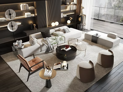 Elegant Modern Sofa And Coffee Table Set With Area Rug Accent Chair And Potted Plant 3d model