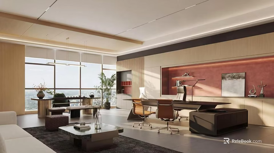 Bright Modern Spacious Executive Office With Large Panoramic Windows And Comfortable Working And Leisure Zones 3d model 