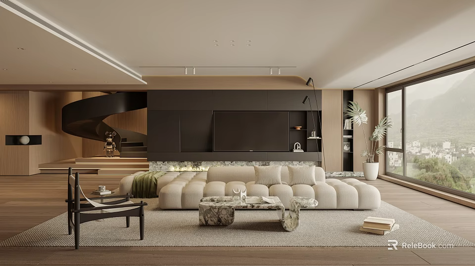 Modern Living Room With Spiral Staircase Black TV Wall Beige Sofa And Marble Coffee Table 3d model 