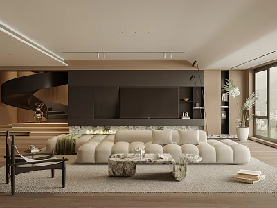 Modern Living Room With Spiral Staircase Black TV Wall Beige Sofa And Marble Coffee Table 3d model