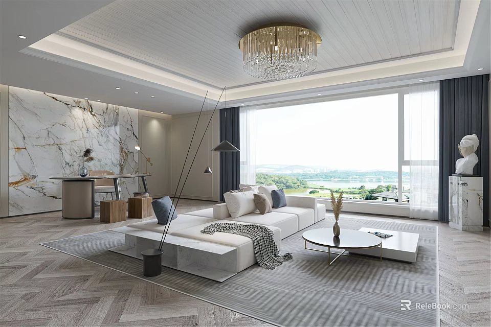 Modern Living Room With Marble Accent Wall Large Window Herringbone Floor And White Sofa 3d model 