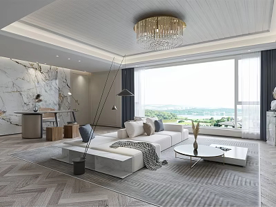 Modern Living Room With Marble Accent Wall Large Window Herringbone Floor And White Sofa 3d model