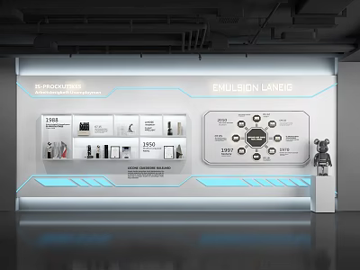 Modern Architectural Environmental Design Background Wall with Information Graphics Images Blue Accents and Decorative Sculpture 3d model