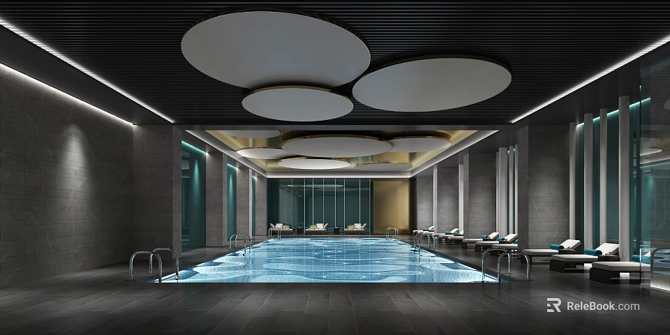 Modern Indoor Swimming Pool Design With Circular Ceiling And Blue Water Lounge Area 3d model 