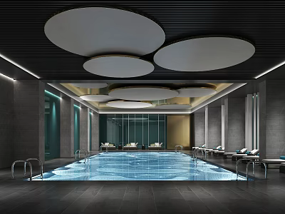 Modern Indoor Swimming Pool Design With Circular Ceiling And Blue Water Lounge Area 3d model