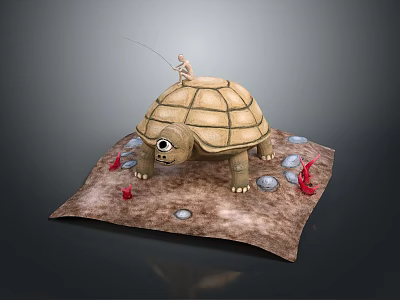 Small Person Sitting On Giant Tortoise Back With Red Objects And Stones On Brown Mat 3d model