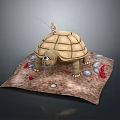 Small Person Sitting On Giant Tortoise Back With Red Objects And Stones On Brown Mat