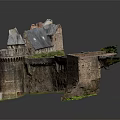 Ancient Fortress Model Featuring Stone Walls And Wooden Roof Details On Reflective Surface