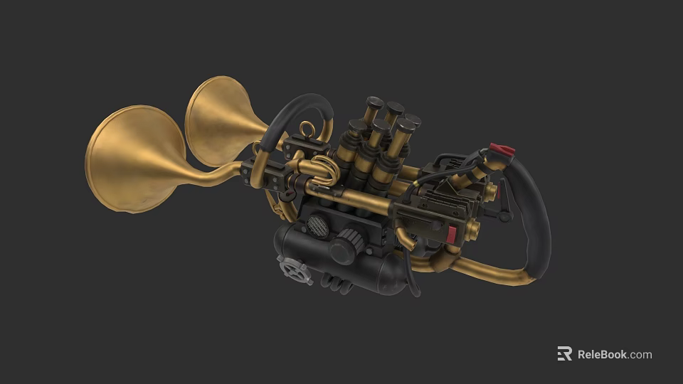 Steampunk Weapon Featuring Brass Horn Shaped Parts Black Grip and Intricate Mechanical Design 3d model 
