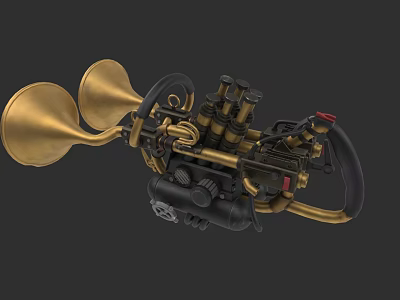 Steampunk Weapon Featuring Brass Horn Shaped Parts Black Grip and Intricate Mechanical Design 3d model