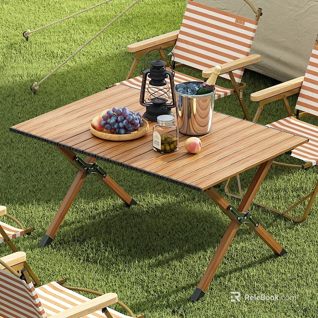 Outdoor Chairs With Folding Table Lantern Metal Bucket And Fruits On Grass 3d model 