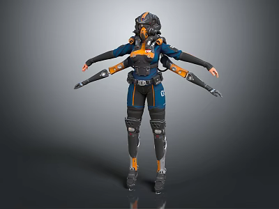 Futuristic Game and Movie Character With Blue Orange Armor Mechanical Arm Attachments and Tactical Gear 3d model