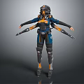 Futuristic Game and Movie Character With Blue Orange Armor Mechanical Arm Attachments and Tactical Gear