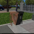 Outdoor Garden Landscape With Recycling Bins Grass Trees And Fence