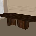 Modern Wooden Dining Table With Dark Brown Wood Grain Top Double Column Legs Light Colored Walls Simple Decorative Molding And Bright Lighting