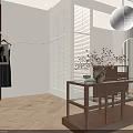 Modern Clothing Store Interior With Wooden Racks Clothes Reception Counter And Decorative Plants