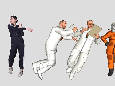 People in Black Tracksuit White Spacesuits Orange Spacesuit Stretching Discussing with Notebook and Pen Standing 3d model