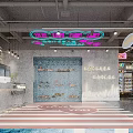 Industrial Style Restaurant With Neon Signs Chinese English Signs And Red White Striped Floor