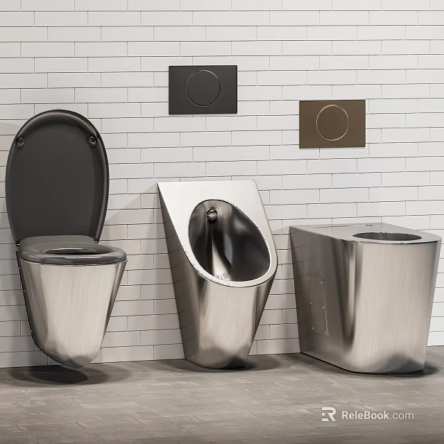 Stainless Steel Toilet Urinal And Trash Bin In Modern Bathroom With White Brick Wall 3d model 