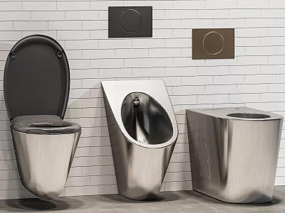 Stainless Steel Toilet Urinal And Trash Bin In Modern Bathroom With White Brick Wall 3d model