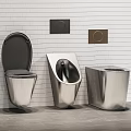 Stainless Steel Toilet Urinal And Trash Bin In Modern Bathroom With White Brick Wall