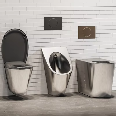 Stainless Steel Toilet Urinal And Trash Bin In Modern Bathroom With White Brick Wall 3d model