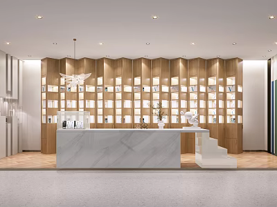 Modern Showroom Display Shelves With Wooden Grid Design And Marble Countertop Interior 3d model