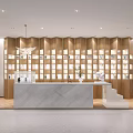 Modern Showroom Display Shelves With Wooden Grid Design And Marble Countertop Interior