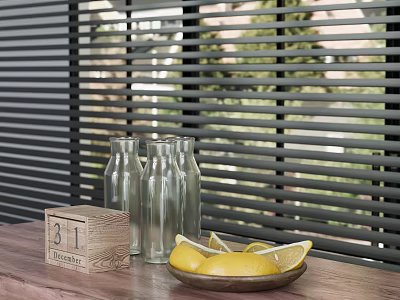 December 31 Inflatable Decorations With Wooden Sign Glass Bottles And Lemon Plates 3d model