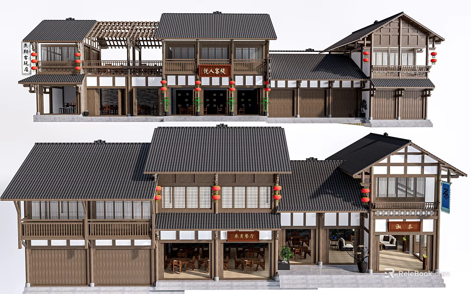 Traditional Ancient Architecture Featuring Black Tiled Roofs Wooden Structure And Red Lanterns 3d model 