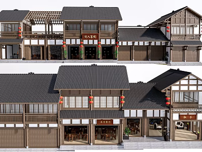 Traditional Ancient Architecture Featuring Black Tiled Roofs Wooden Structure And Red Lanterns 3d model