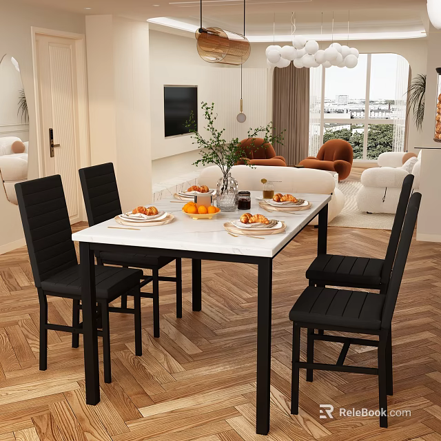 Modern Restaurant Dining Space With White Marble Table Black Chairs Fruits Tableware And Wooden Floor 3d model 