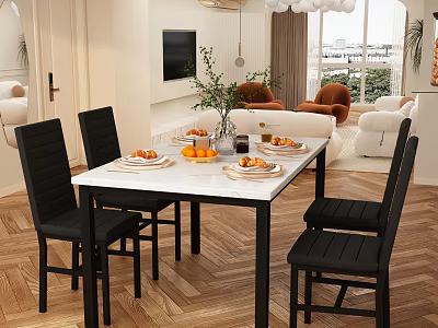 Modern Restaurant Dining Space With White Marble Table Black Chairs Fruits Tableware And Wooden Floor 3d model