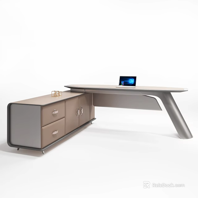 Modern Office Desk with Laptop on Top and Cabinet with Drawers 3d model 