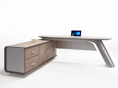 Modern Office Desk with Laptop on Top and Cabinet with Drawers 3d model