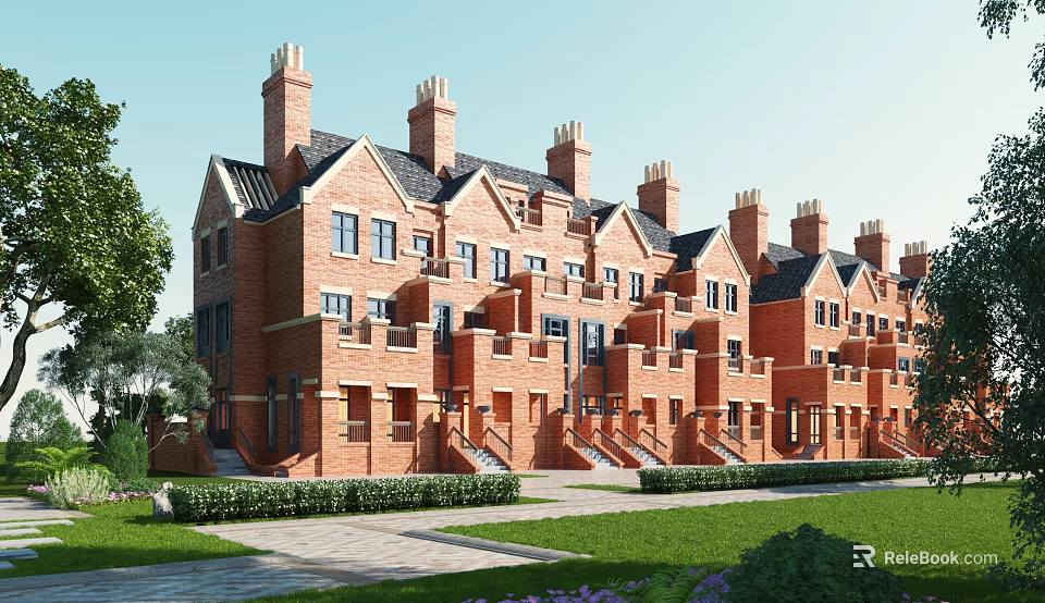 Traditional Red Brick Terraced Houses With Multiple Chimneys Dark Roofs And Front Lawn Hedges 3d model 
