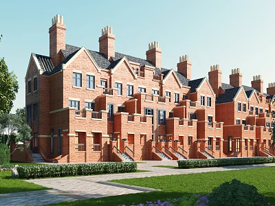 Traditional Red Brick Terraced Houses With Multiple Chimneys Dark Roofs And Front Lawn Hedges 3d model