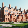 Traditional Red Brick Terraced Houses With Multiple Chimneys Dark Roofs And Front Lawn Hedges
