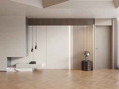 Modern Interior Design With Herringbone Wooden Floor White Cabinets Wooden Panel Wall And Hanging Lamps 3d model