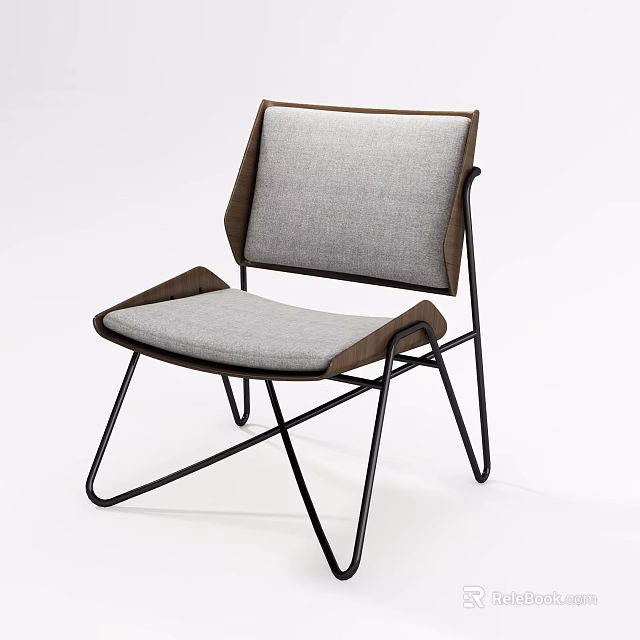 Modern Minimalist Accent Chair With Gray Fabric Seat Brown Leather Armrests And Black Metal Frame 3d model 