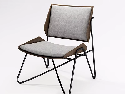 Modern Minimalist Accent Chair With Gray Fabric Seat Brown Leather Armrests And Black Metal Frame 3d model