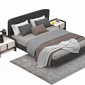 Modern Double Bed with Gray Bedding Plush Pillows Side Tables and Gray Area Rug 3d model
