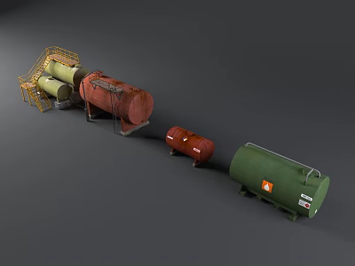 Industrial Storage Tanks in Yellow Red Green with Various Sizes Gray Background and Equipment 3d model
