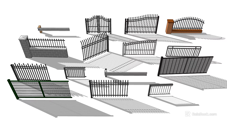 Various Fence Designs Featuring Iron Gates Railings and Decorative Patterns 3d model 