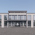 Modern Office Building Exterior With Large Glass Windows Gray Walls And Front Greenery