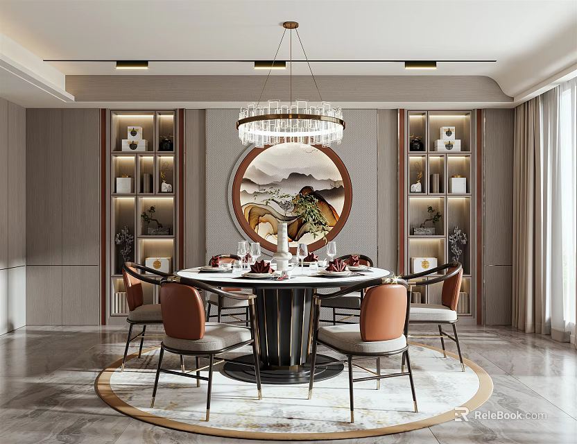 Elegant Restaurant Interior With Round Dining Table Chairs Chandelier And Circular Decorative Painting 3d model 